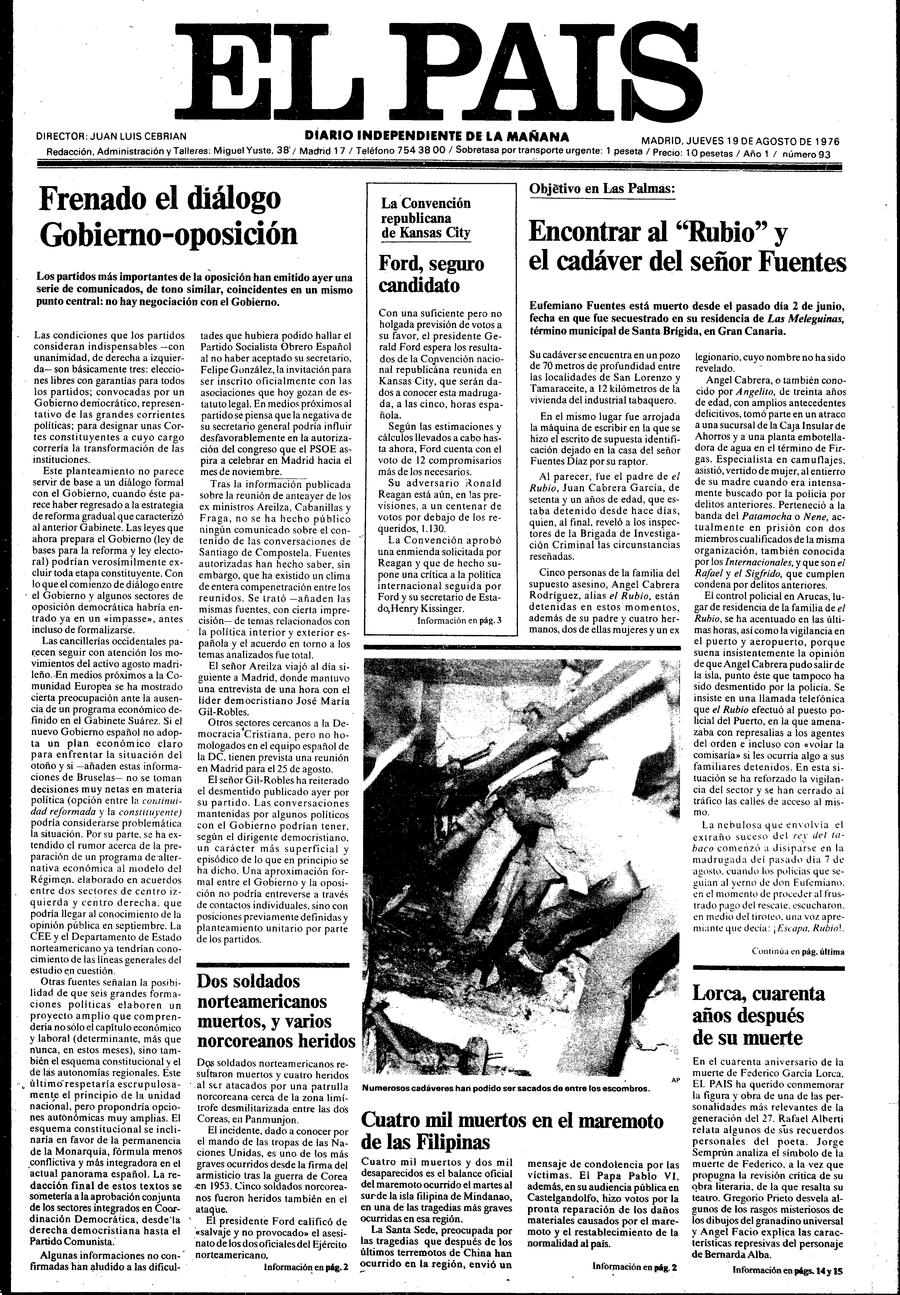 Portada 19 de Agosto de 1976 Aniversario EL PAÍS