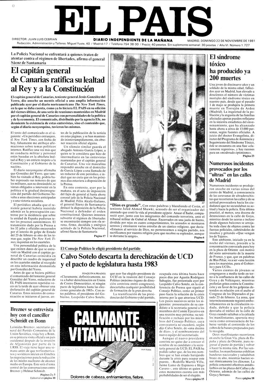 Portada 22 de Noviembre de 1981 Aniversario EL PAÍS