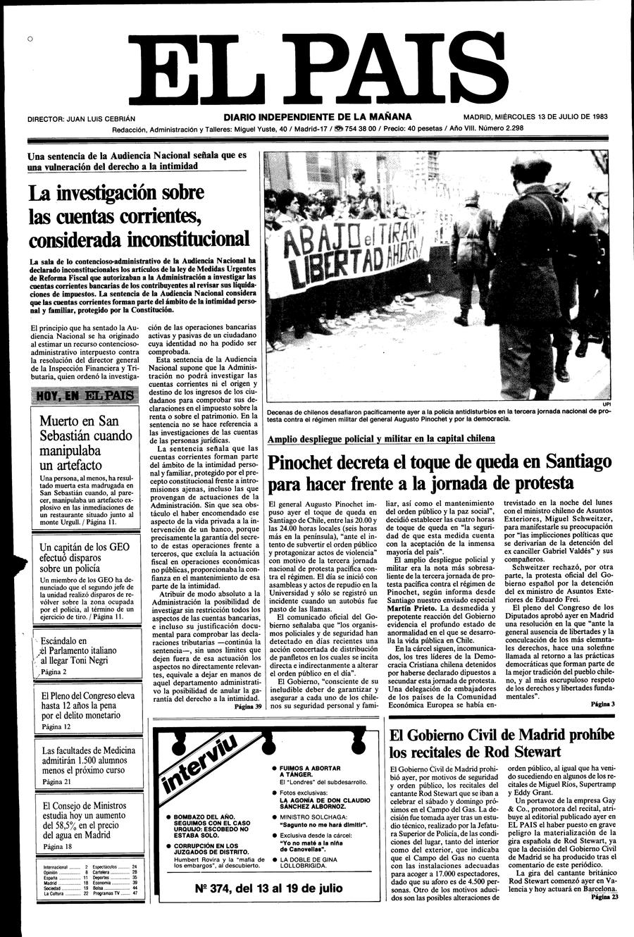 Portada 13 de Julio de 1983 Aniversario EL PAÍS