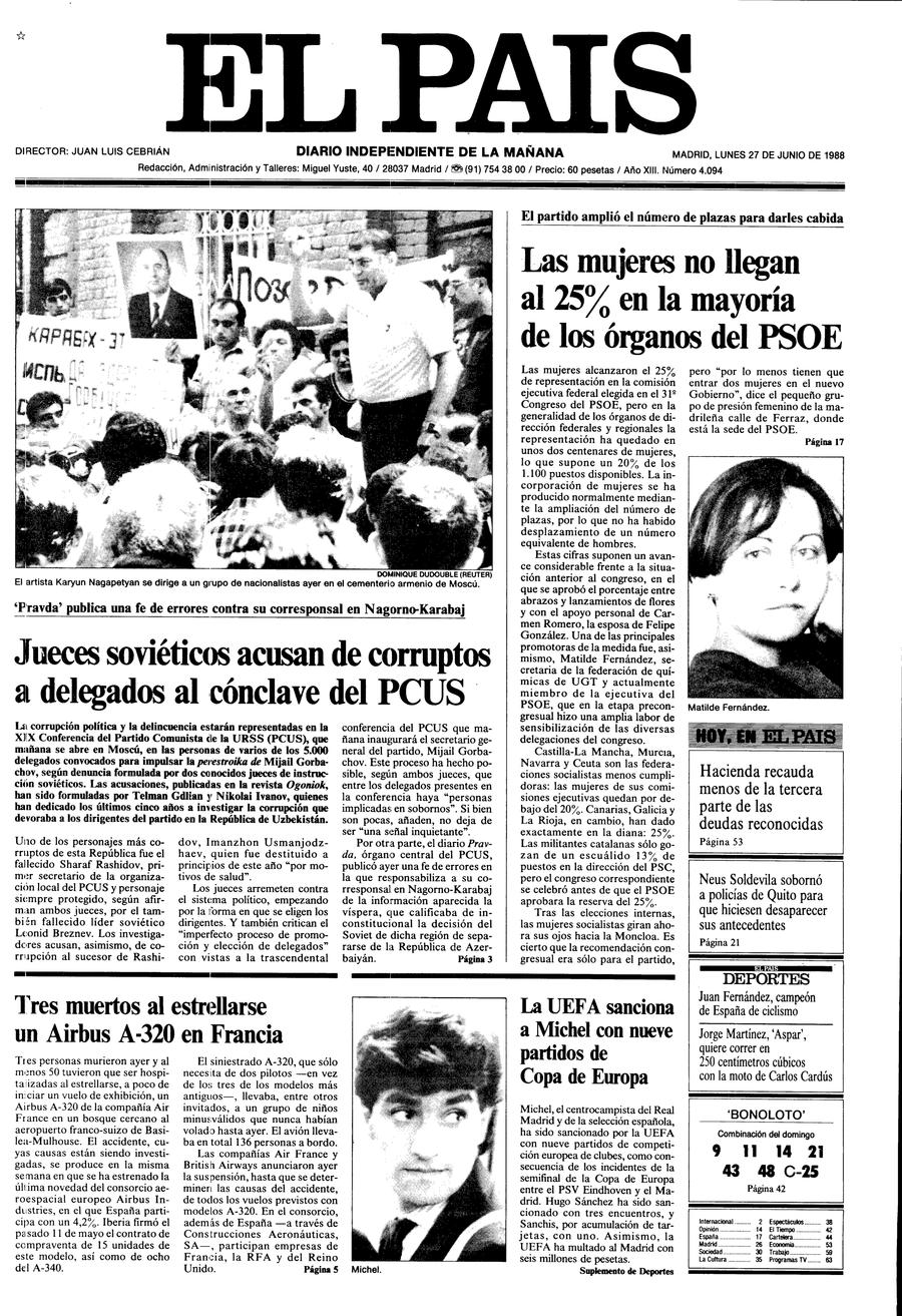 Portada 27 de Junio de 1988 Aniversario EL PAÍS