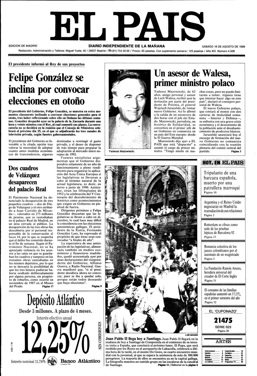 Portada 19 de Agosto de 1989 Aniversario EL PAÍS