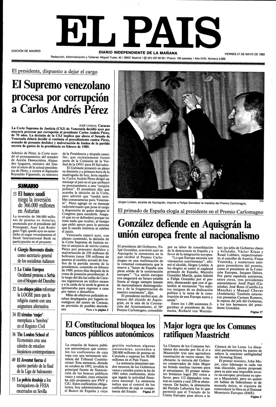 Portada 21 de Mayo de 1993 Aniversario EL PAÍS