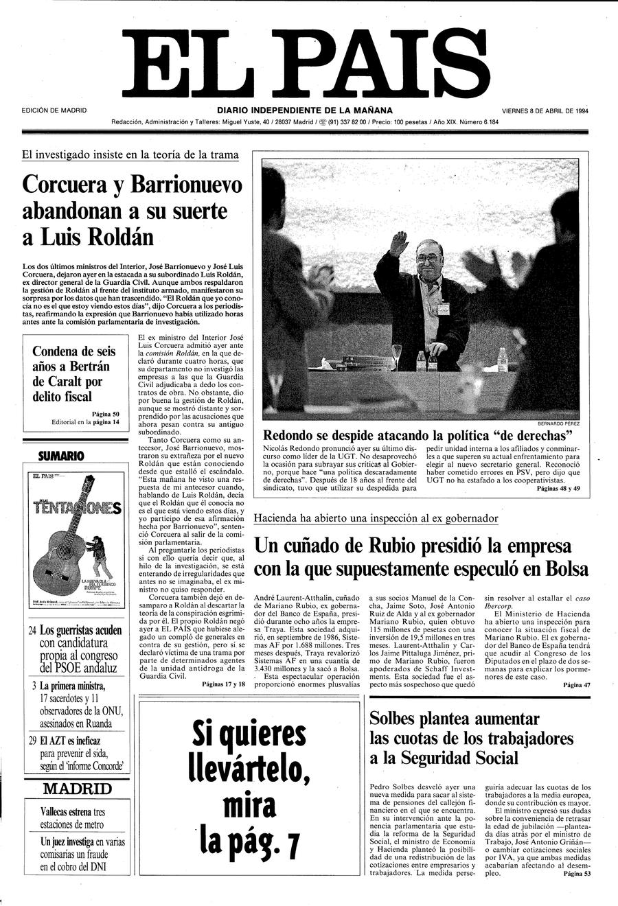 Portada 8 de Abril de 1994 - Aniversario EL PAÍS