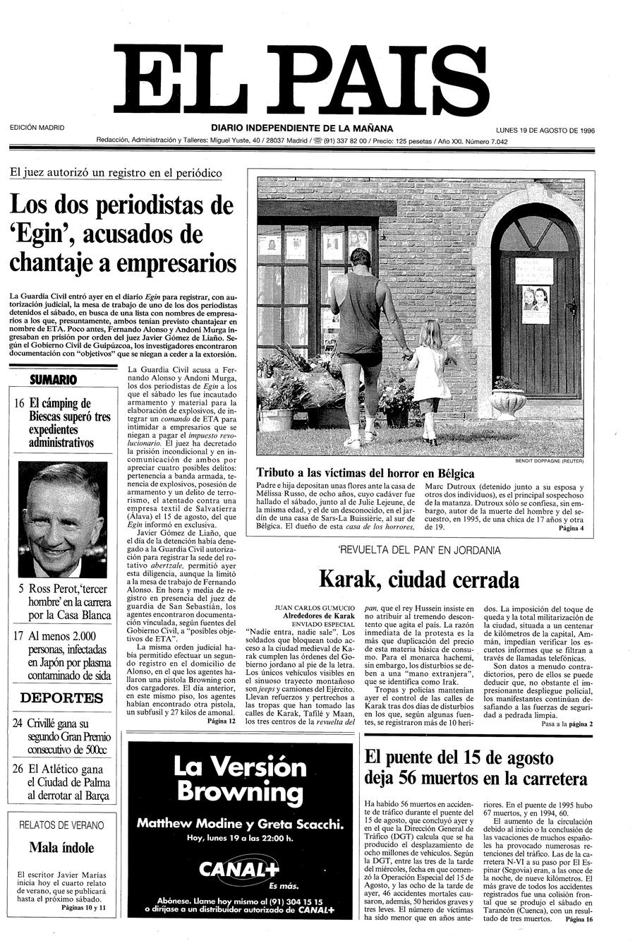 Portada 19 de Agosto de 1996 Aniversario EL PAÍS