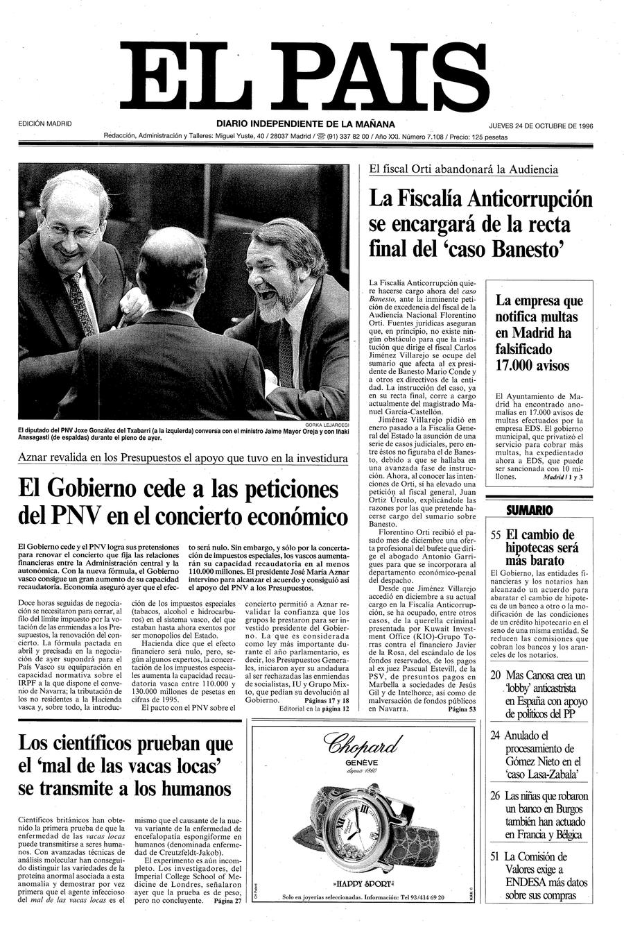 Portada 24 de Octubre de 1996 Aniversario EL PAÍS