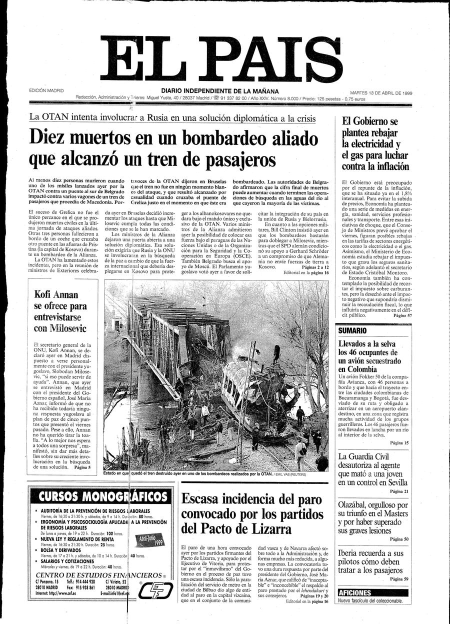 Portada 13 de Abril de 1999 Aniversario EL PAÍS