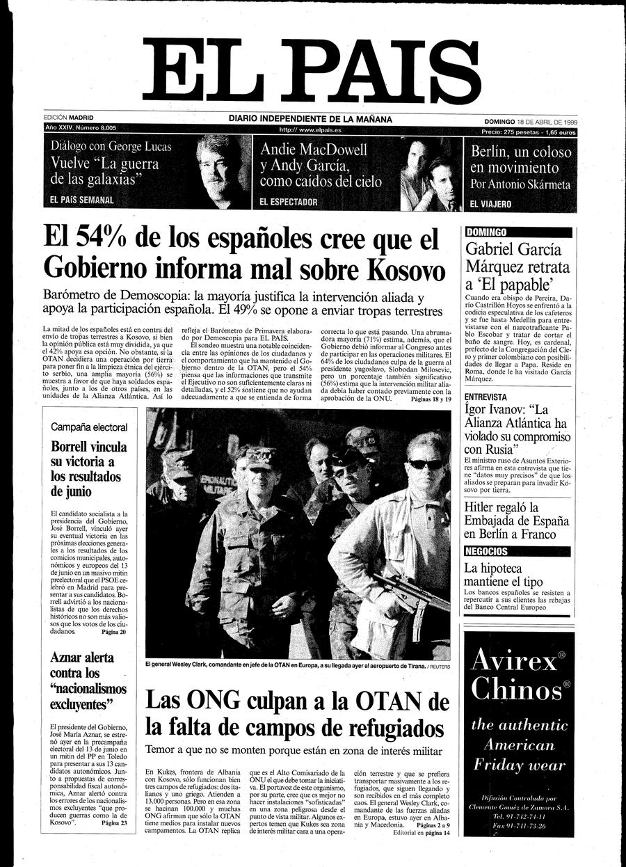 Portada 18 de Abril de 1999 Aniversario EL PAÍS