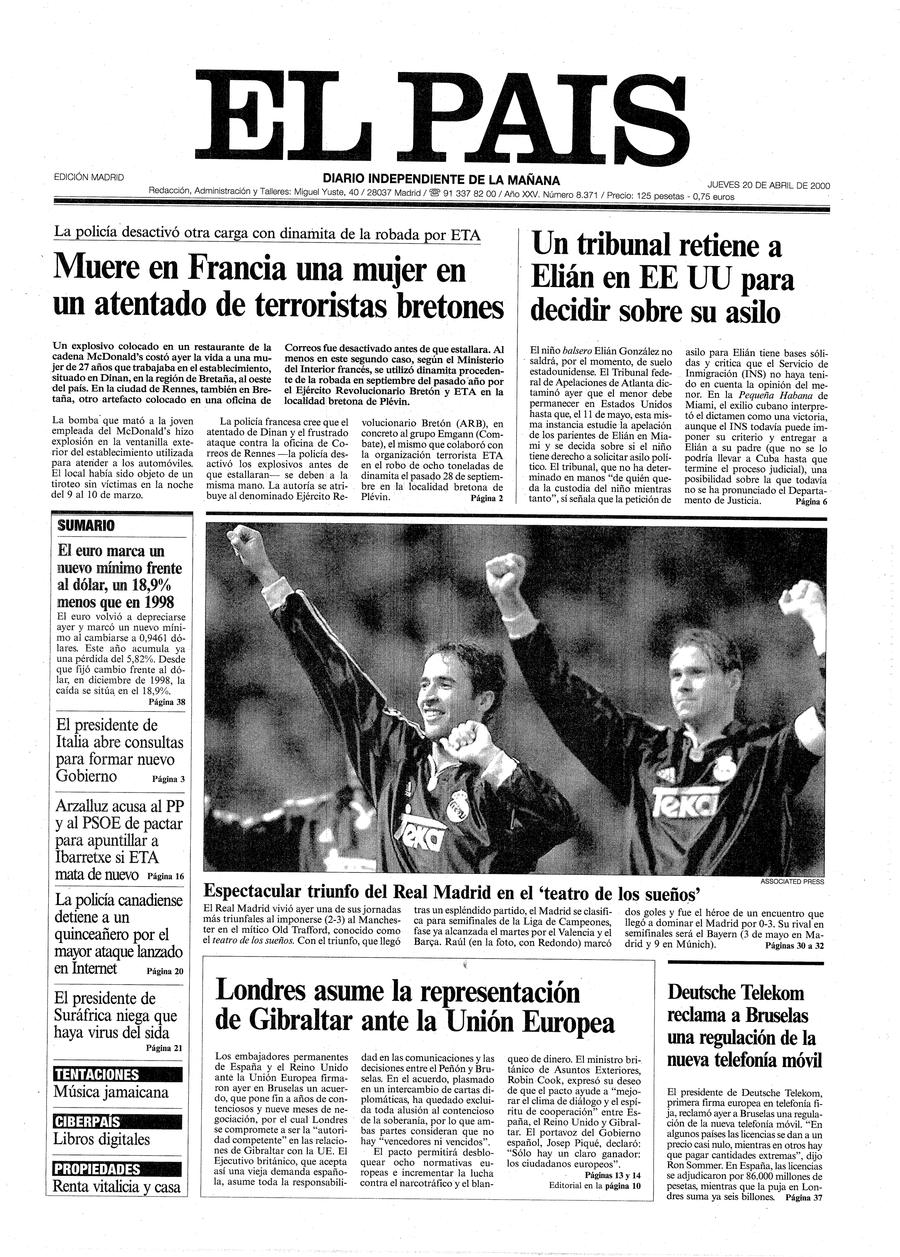 Portada 20 de Abril de 2000 - Aniversario EL PAÍS