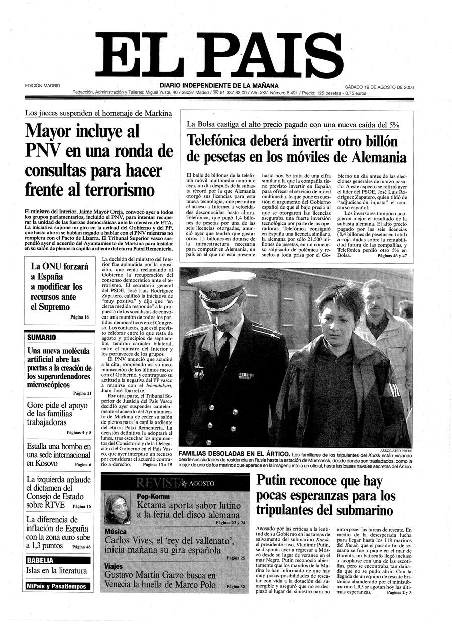 Portada 19 de Agosto de 2000 Aniversario EL PAÍS