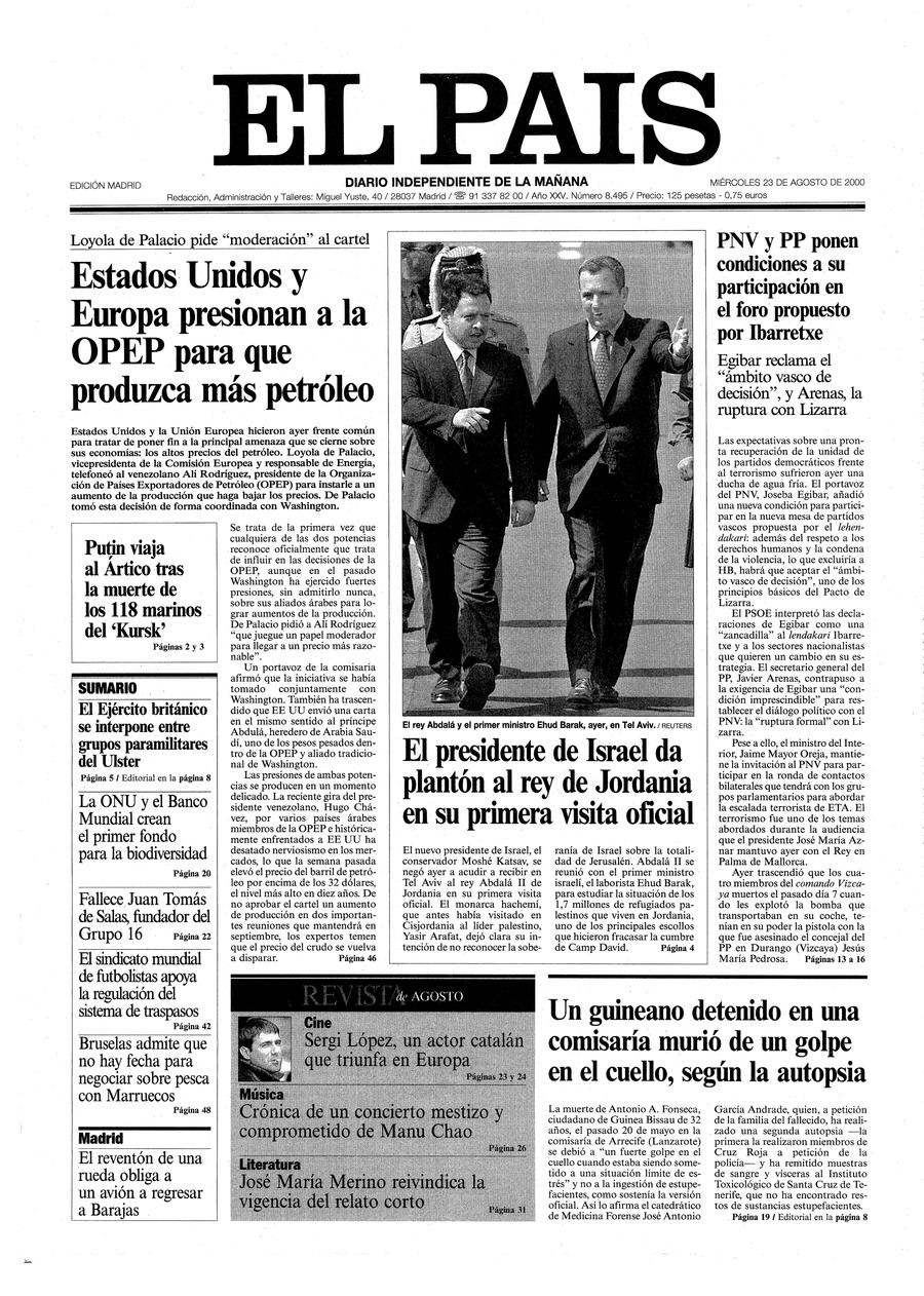 Portada 23 de Agosto de 2000 Aniversario EL PAÍS