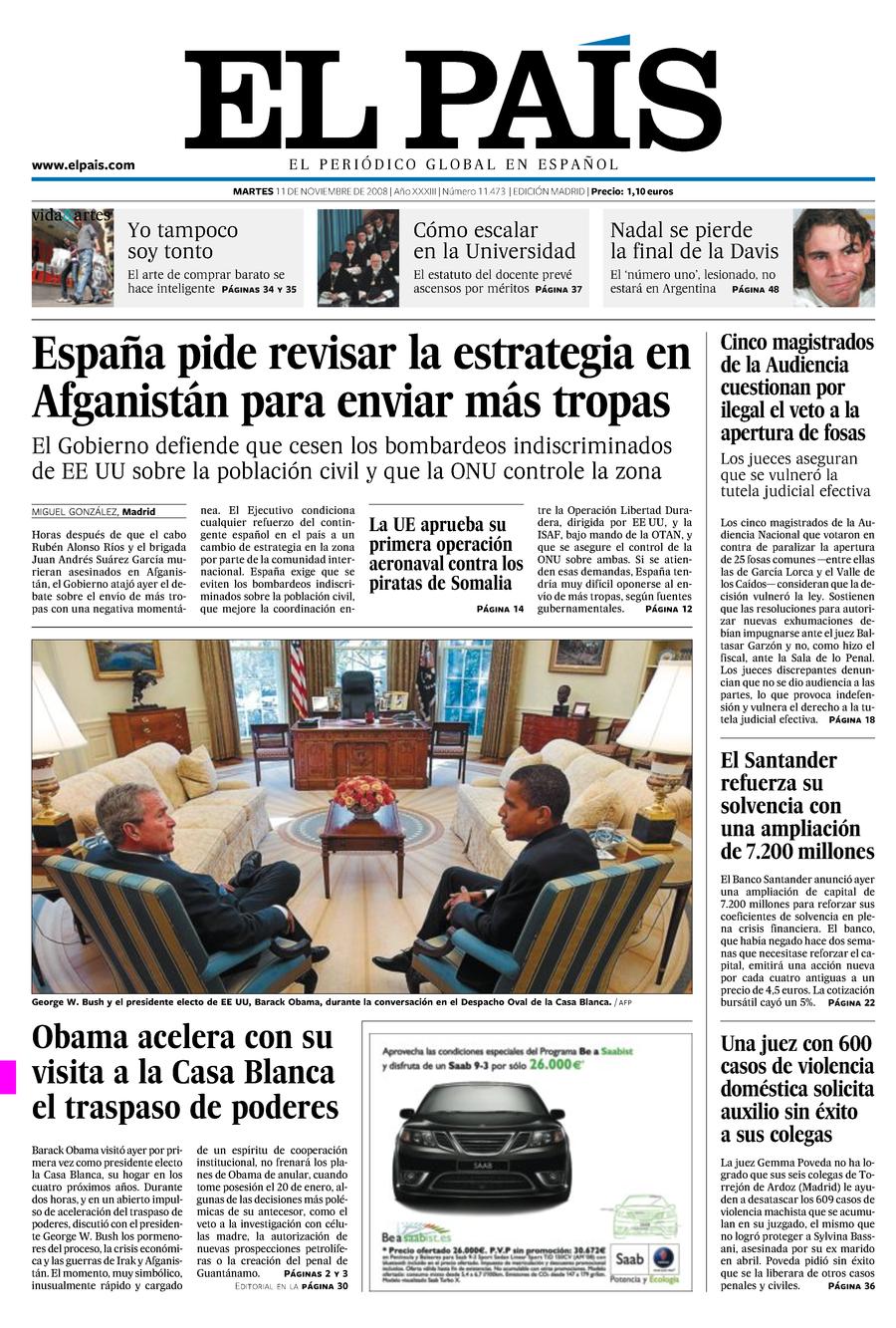 Portada 11 de Noviembre de 2008 Aniversario EL PAÍS