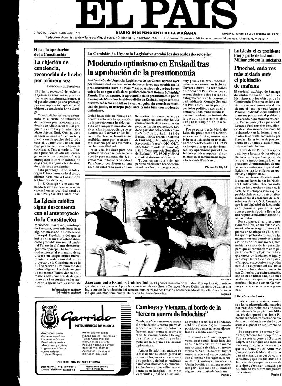 Portada de EL PAÍS del 03-01-1978