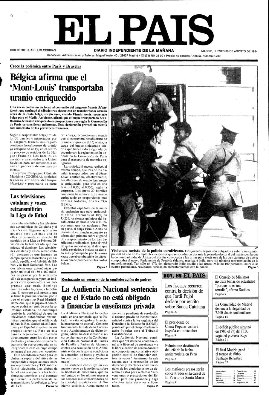 Portada De El Pais Del 30 08 1984