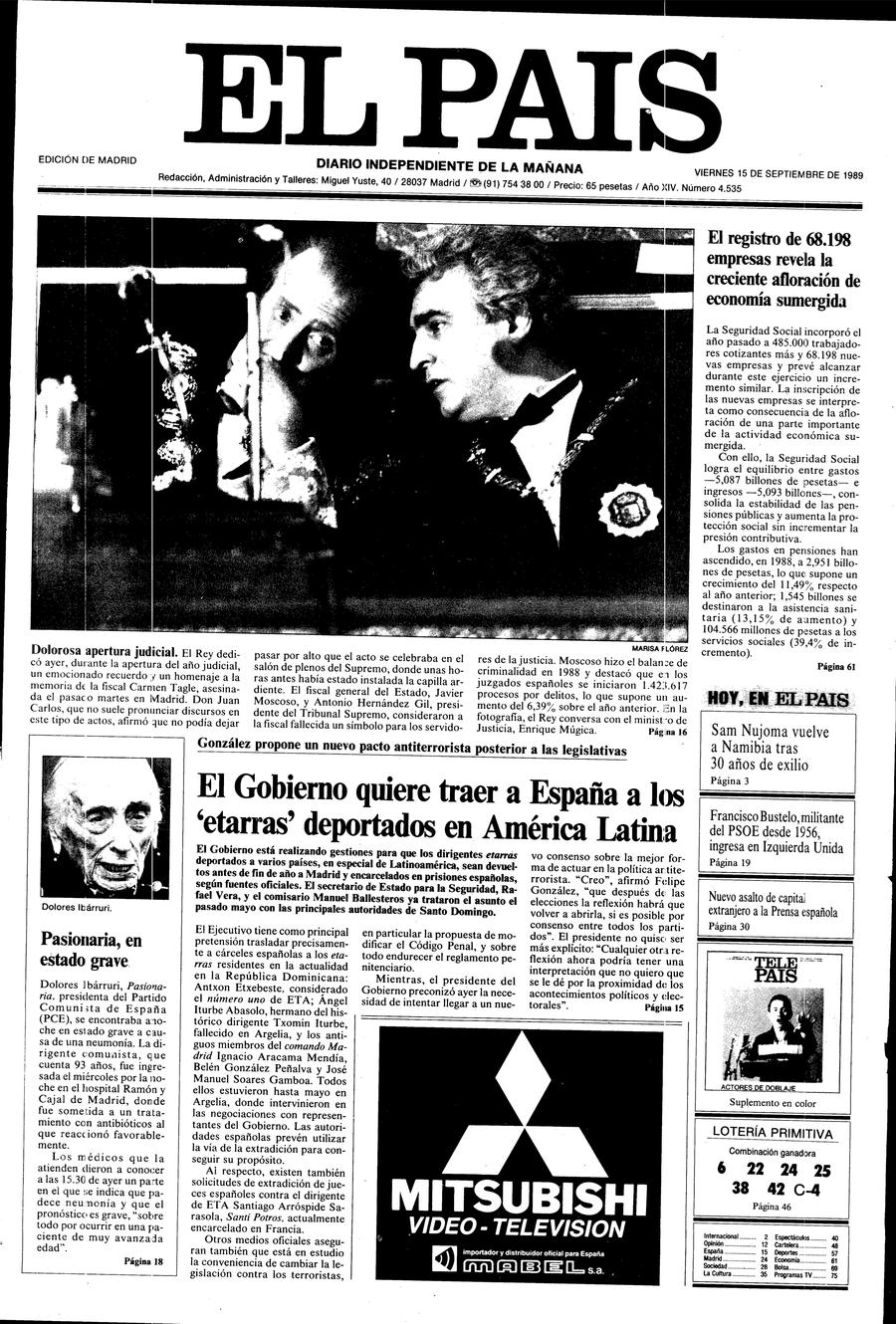 Portada 15 de Septiembre de 1989 - Aniversario EL PAÍS