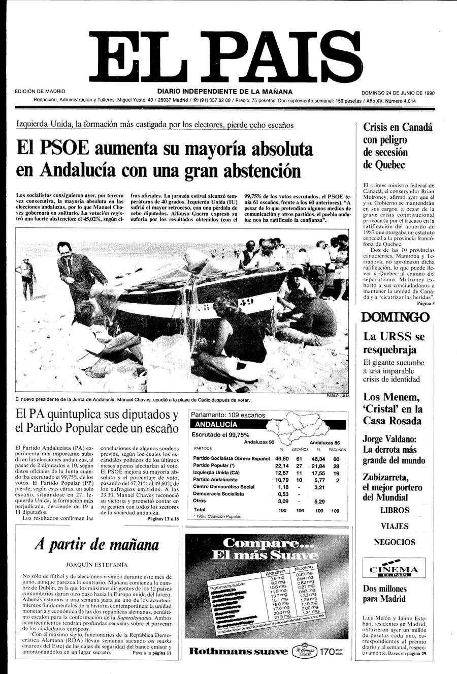 Portada 24 De Junio De 1990 Aniversario El País Portada 24 De Junio De 1990 Aniversario El País