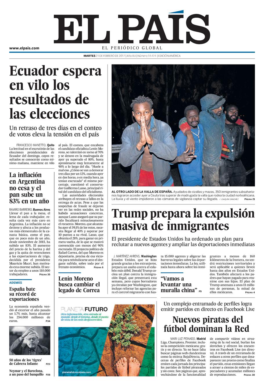 Portada de EL PAÍS Edición América del 21-02-2017