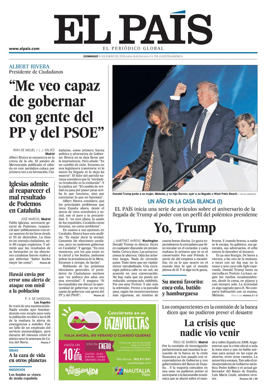 Portada de EL PAÍS Edición América del 14-01-2018
