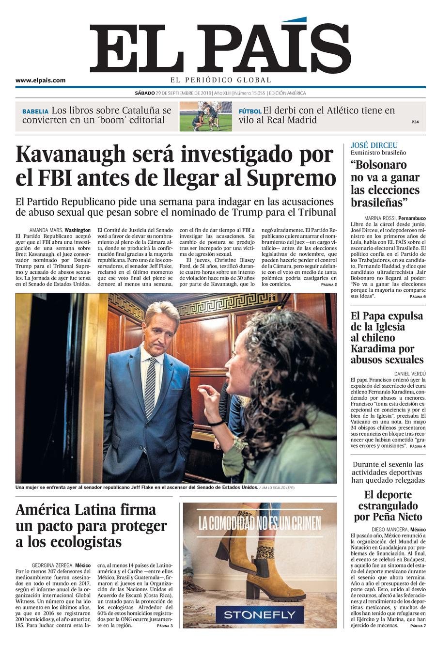 Portada de EL PAÍS Edición América del 29-09-2018