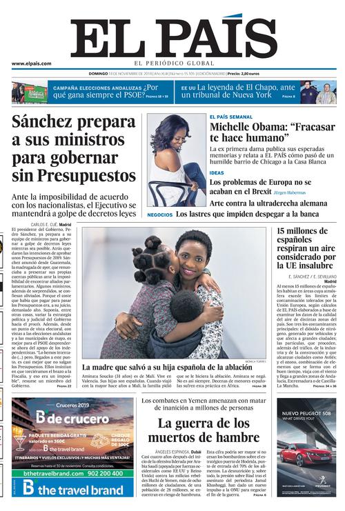 Portada de EL PAÃS del 18-11-2018