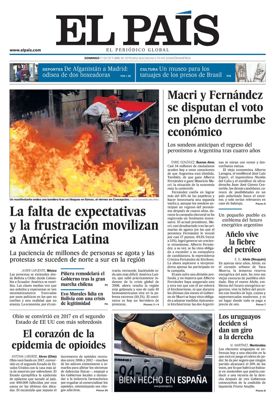Portada de EL PAÍS Edición América del 27-10-2019