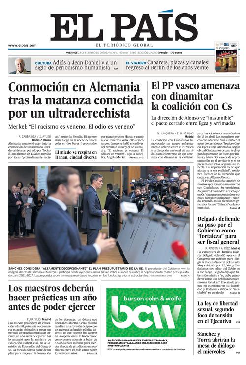 Portada de EL PAÍS del 21-02-2020