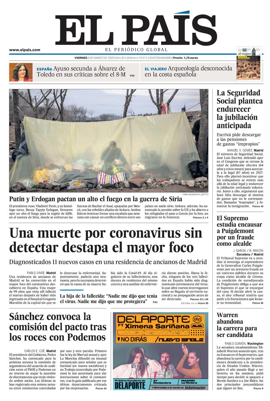 Portada de EL PAÍS del 06-03-2020