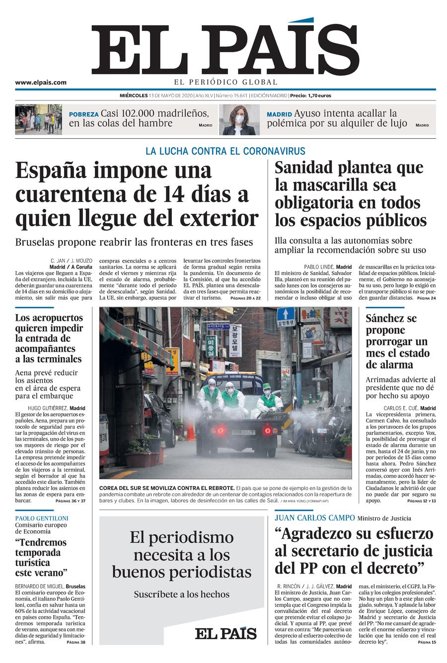 Portada de EL PAÍS del 13-05-2020