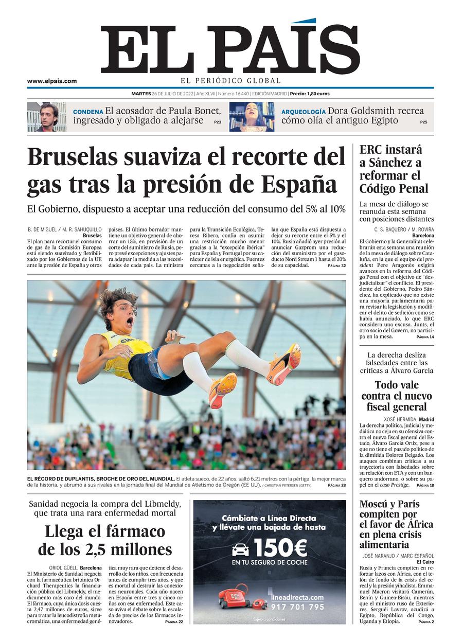 Portada de EL PAÍS del 26-07-2022