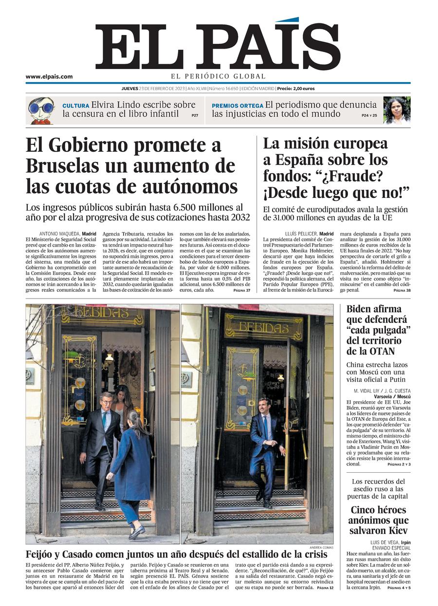 Portada de EL PAÍS del 23-02-2023